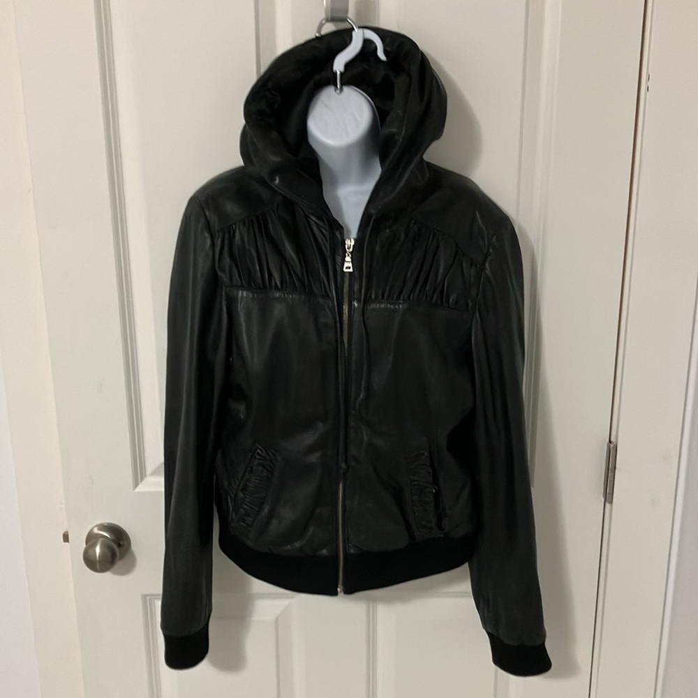 Danier , Women's medium, genuine leather black hooded Jacket.